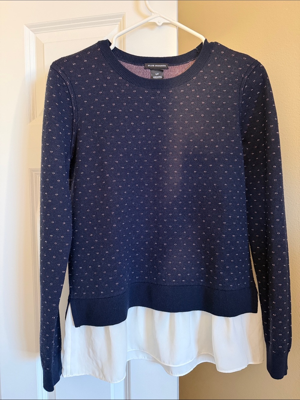Club Monaco Navy Wool Sweater with White Layered Hem